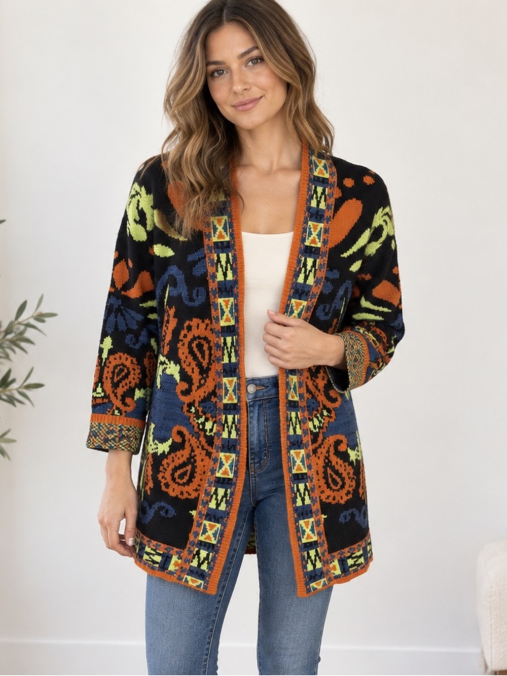 Flying Tomato Boho‎ Paisley Open Front Knit Cardigan Sweater Size Medium M Artsy